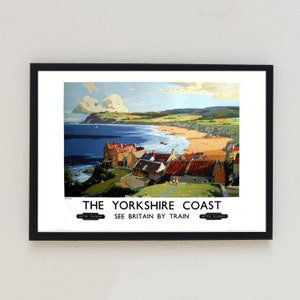 Costa de Yorkshire ver Gran Bretaña en tren paisaje publicitario cartel de viaje decoración antigua Retro impresión artística de pared