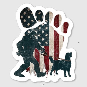 Funny Bigfoot walking a Labrador sticker with American flag footprint!