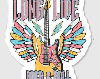 Vintage Rock N Roll sticker stating,"Long Live Rock-N-Roll" with wings on guitar!