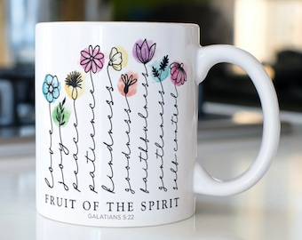 Bible Verse coffee mug stating,"Fruit Of The Spirit Galatians 5:22"