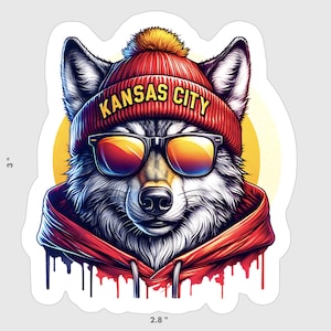May include: A gray wolf wearing a red beanie with "KANSAS CITY" written in yellow letters. The wolf is wearing sunglasses and a red hoodie with dripping paint.