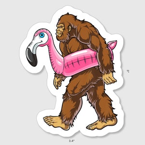Funny Bigfoot sticker in a flamingo floatee!