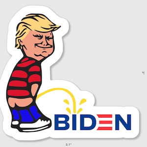 Funny sticker with Trump peeing on Biden name