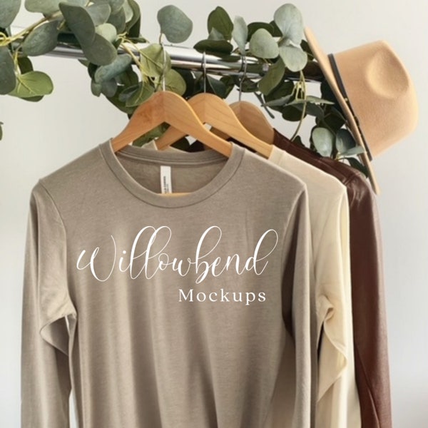 Heather Stone Manches longues Bella 3501 Hanger Tee Shirt Maquette avec chapeau bronzé et veste marron - Bella Mockup - 3501 Mockup - Tee Template