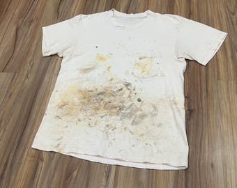 Medium Vintage 70s Paint Splattered Pocket Tee T Shirt USA Made Painted Cotton Art