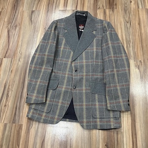 M/L Vintage 60s Europe Craft Windowpane Plaid Red/ Yellow Grey Print Suit Sport Coat Jacket Blazer Size 42