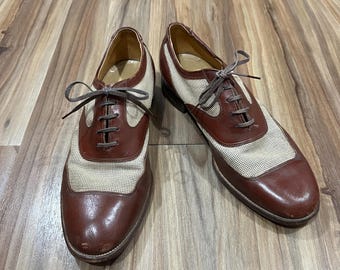Vintage 30s 40s Ventilated Mesh Panel Advantage Spectator Brown Leather Oxford Dress Shoes USA Made
