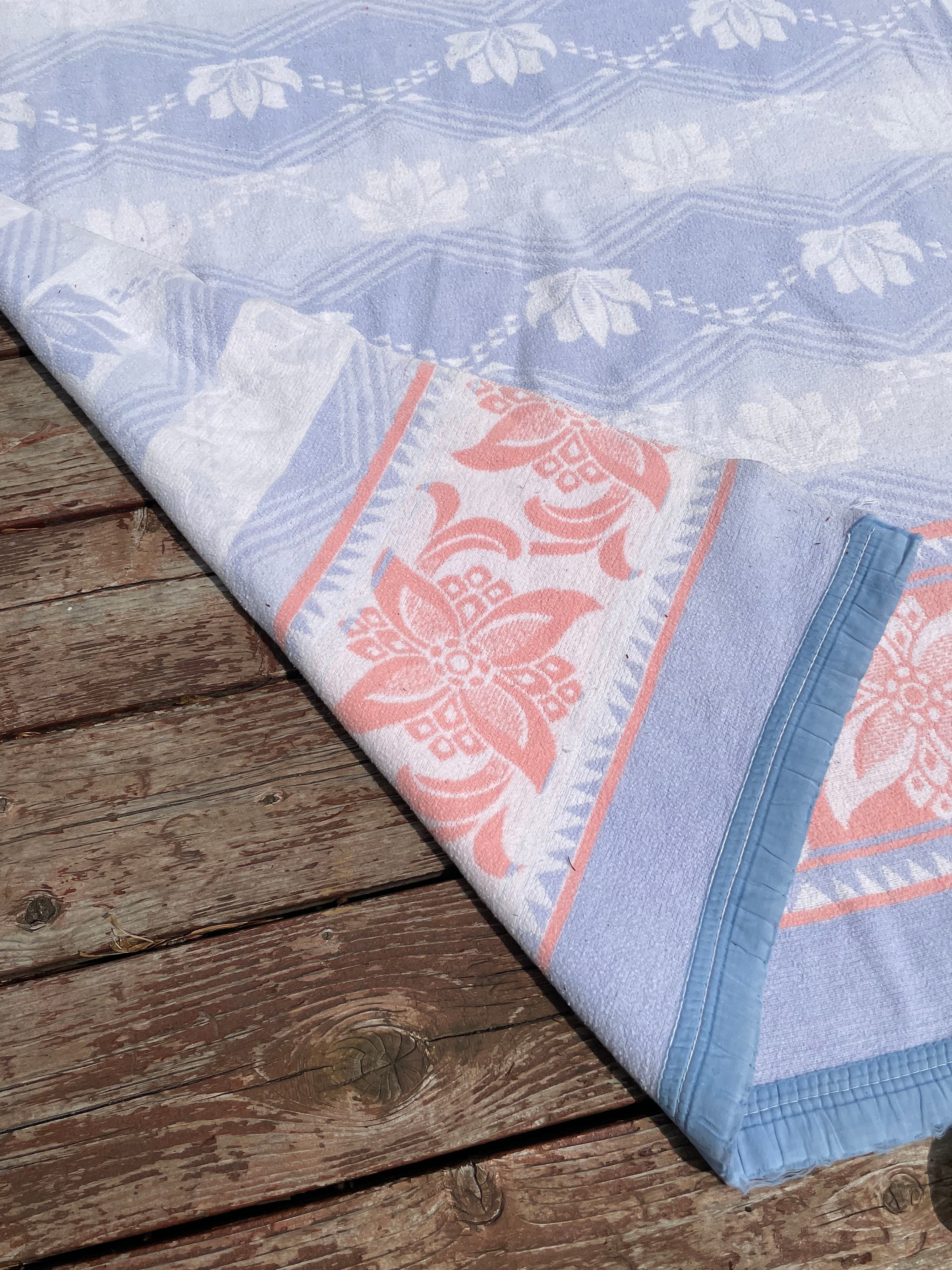 Vintage 40s Cotton Camp Blanket Throw Blue Pink Water Lily Flower Beacon Style USA Made 70x66"