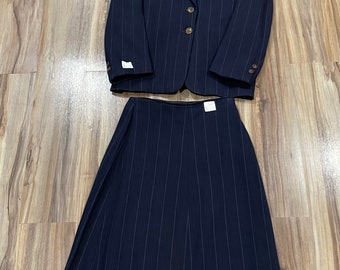 Vintage 40s Pinstripe 2- Piece Wool Single Breasted Dark Blue Suit Jacket & Skirt Wartime WW2