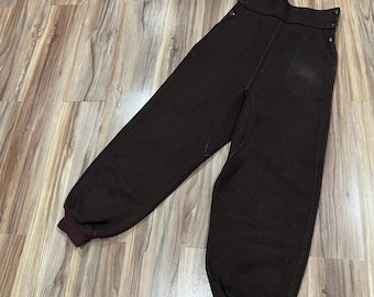 Spodnie narciarskie zimowe 28x27 Vintage 30s Brown Wool zapinane na guziki z boku i paskiem z tyłu