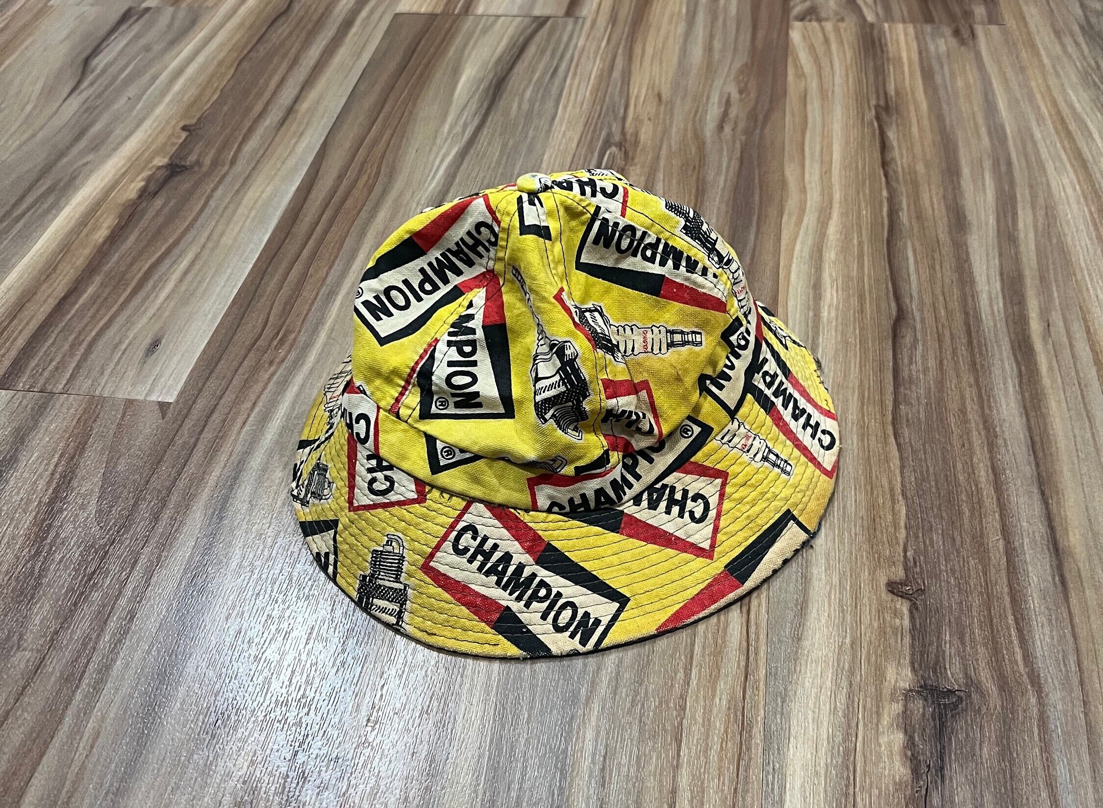 Vintage 70s Champion Spark Plugs Bucket Hat Cap All Over