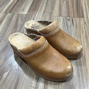 Sz 38 CUTE Vintage Schwedische Holz Clogs Braun Leder Made in Sweden