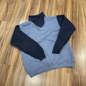 XS Vintage 70s Zweifarbig Rollkragen Sweatshirt Baumwolle Poly Mischung Hellblau/ Marine