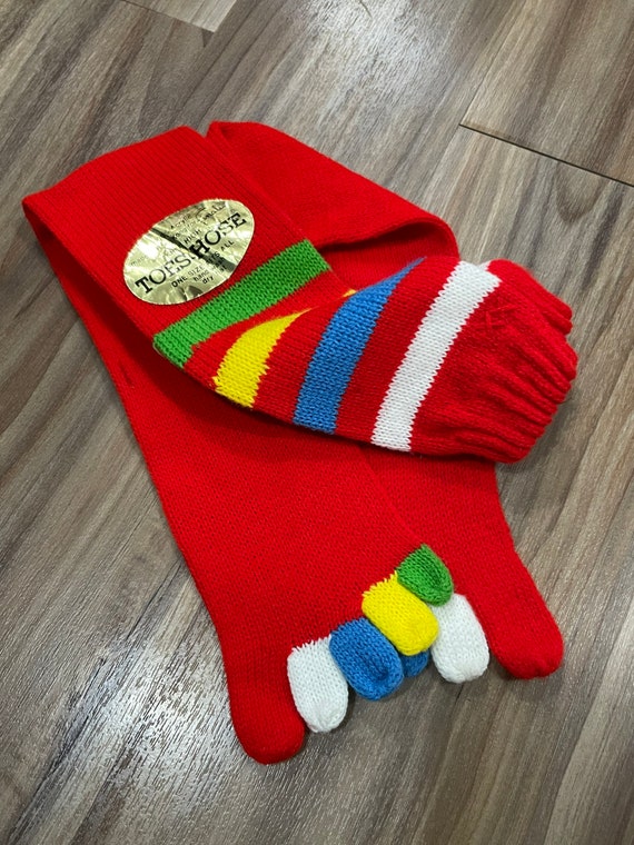 Vintage 70s Toes-hose Colorful Toe Socks Striped Rainbow Red 
