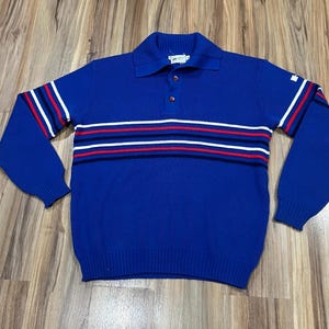 Large Vintage 70s 80s Kawasaki Motorcycles Snowmobiles Racing Acrylic Sweater Long Sleeve Blue Red White