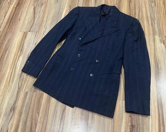 Vintage des années 30, 40, veste de costume croisée en laine rayée bleu marine Dunhill Chicago Pinstripe