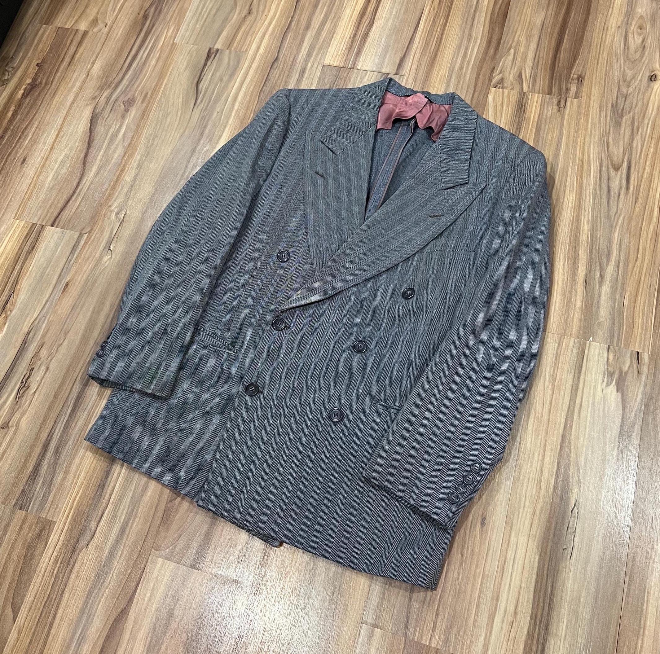 Vintage 40s 50s Double Breasted Grey Striped Herringbone Wool Suit 