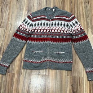 Small Vintage 60s Campus Acrylic Zip Up Cardigan Sweater Grey/ Red USA Made