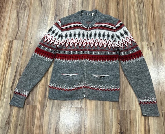 Small Vintage 60s Campus Acrylic Zip up Cardigan Sweater Grey/ Red 