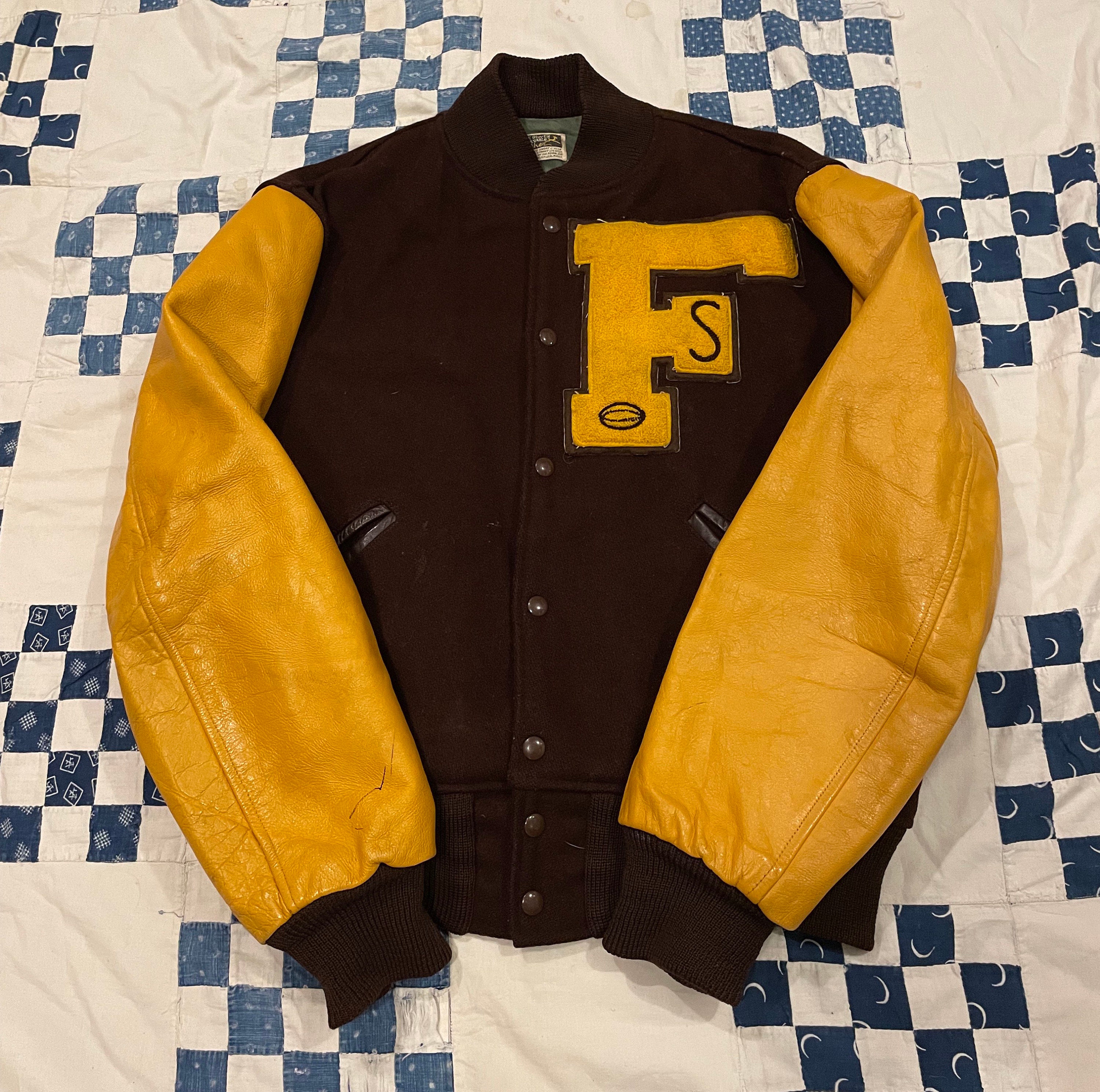 Vintage 50s 60s Varsity Letterman Jacket Wool/ Leather Brown