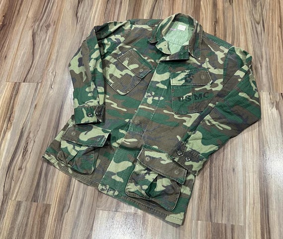 70s USMC BDUジャケット ヴィンテージ ERDL迷彩 ステンシル S Small Regular Vintage 1970 ERDL Camo Slant Pocket Class 2 Poplin