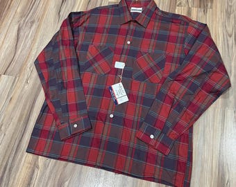 Large Vintage 50s Deadstock Maywood Cotton Button Up Shirt USA Made Checkered Plaid USA Made