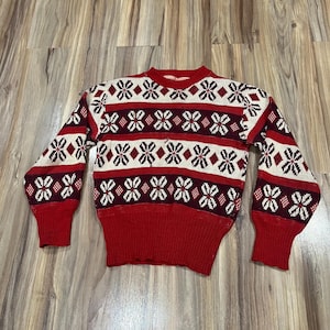 Small Vintage 40s 50s Print Knit Sportswear Sweater Flowers Red/ White