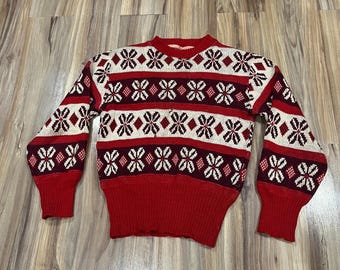 Small Vintage 40s 50s Print Knit Sportswear Sweater Flowers Red/ White