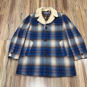 Large Vintage 80s Pendleton Western Shadow Plaid Blue Wool Long Jacket w/ Shearling Collar Size 44 USA Made