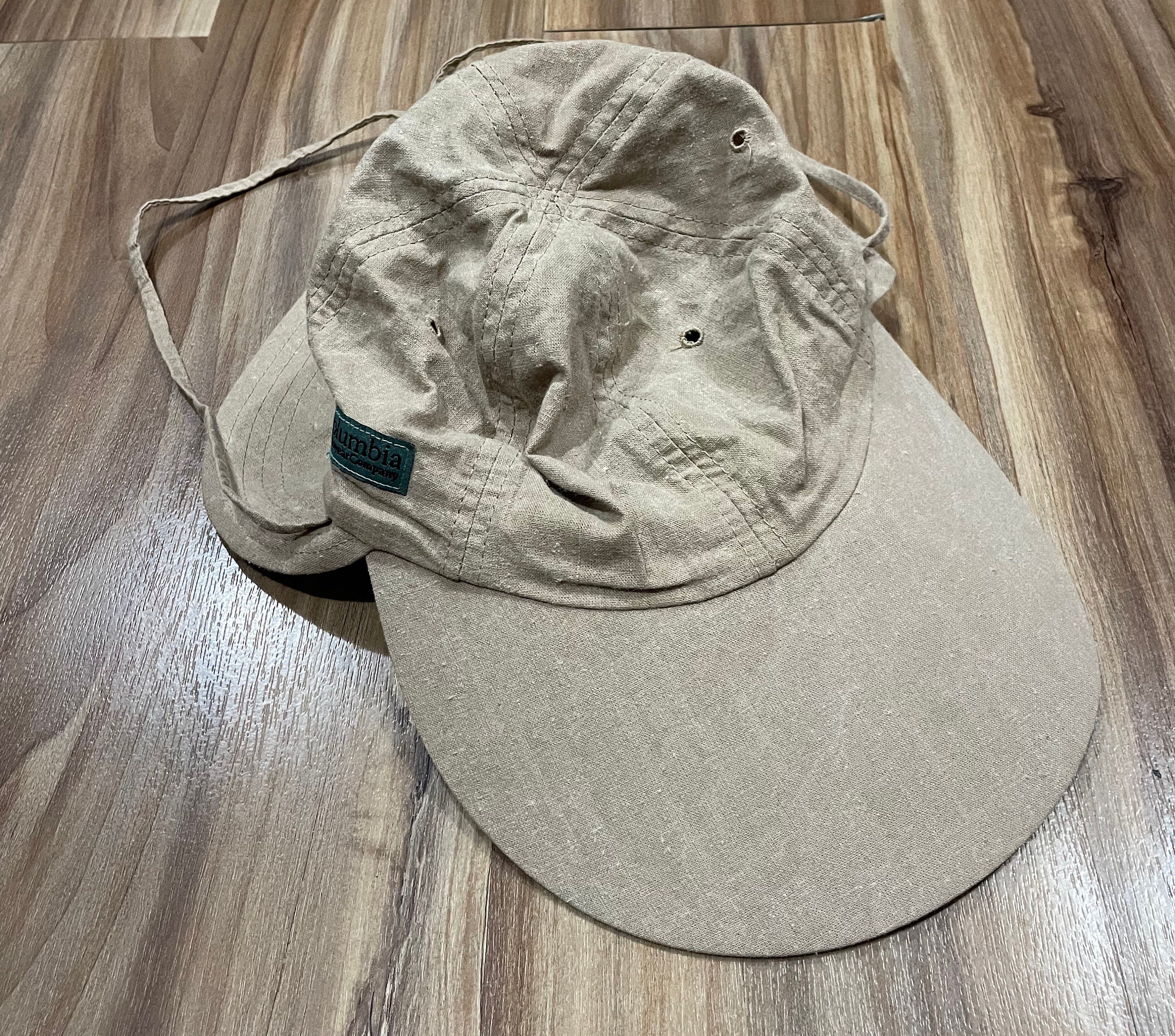 Small Vintage 90s Columbia Fly Fishing Long Bill Hat Cap Beige Khaki Cotton  USA Made -  UK