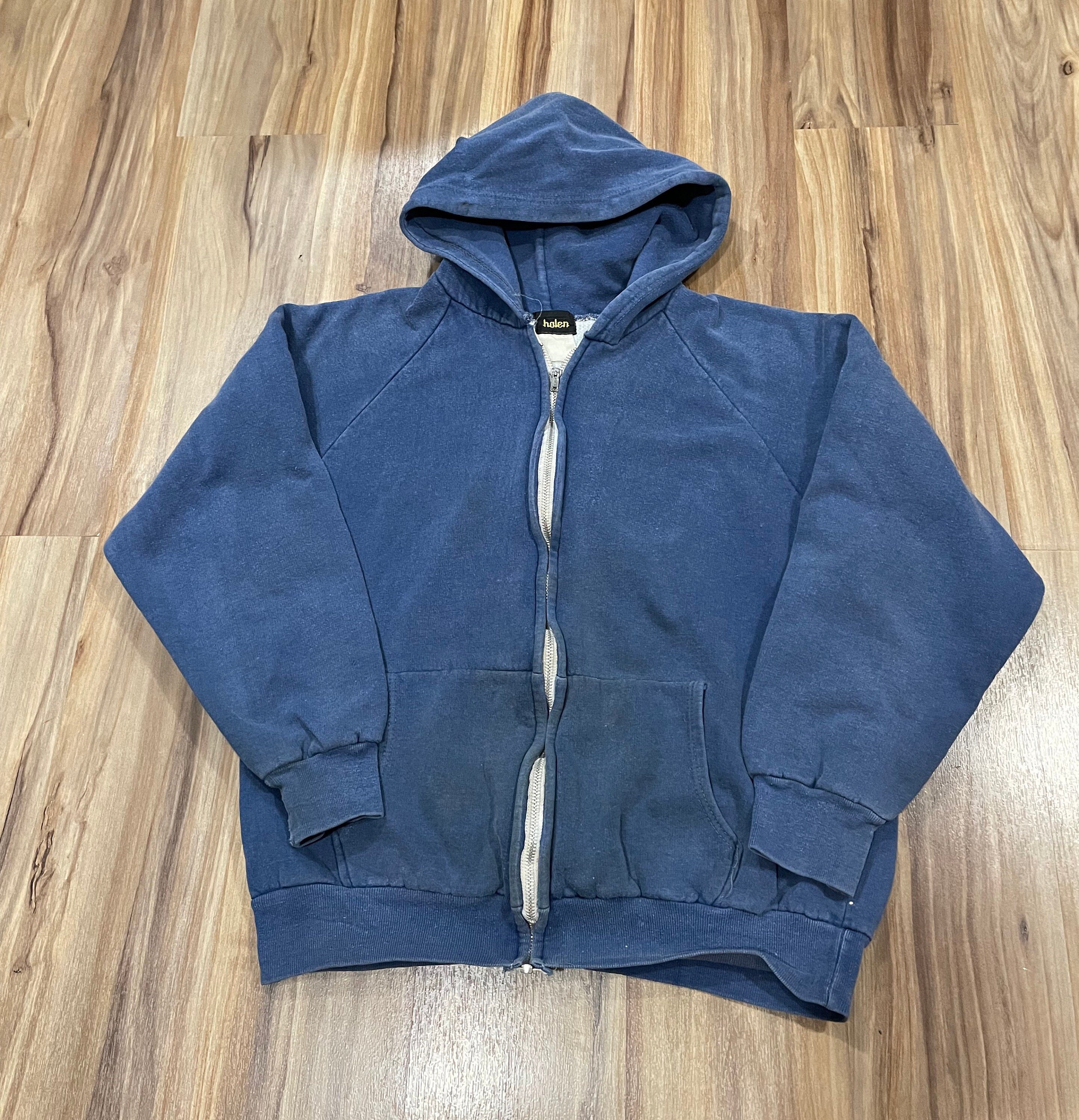 Medium Vintage 70s Thermal Lined Hoodie Sweatshirt Navy Blue 