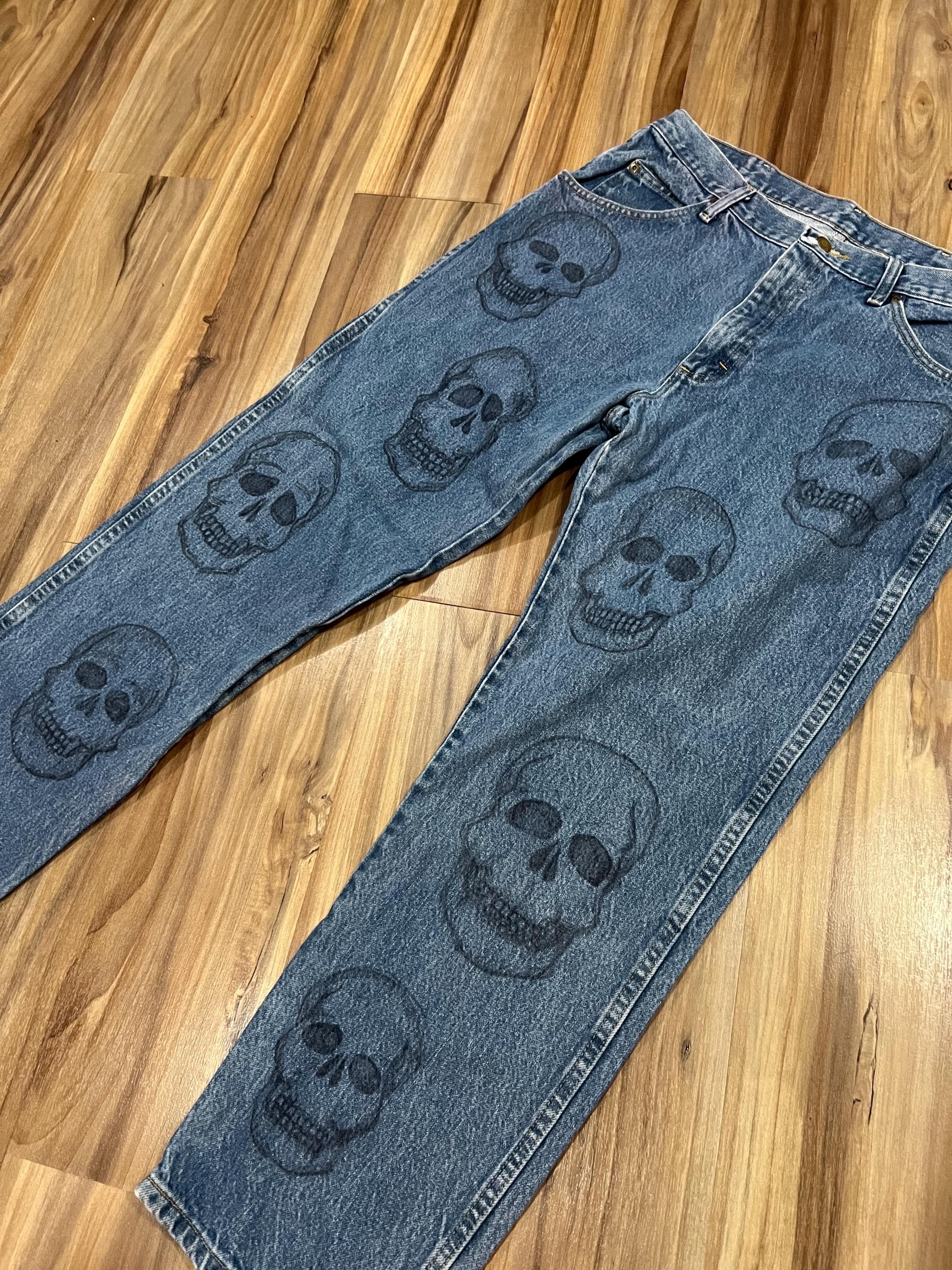 34x29 Vintage 90s 00s Custom 1/1 Hand Drawn Human Skull Straight 