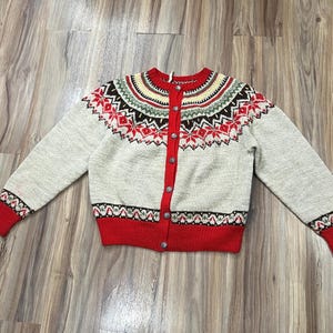 Cardigan de malha de lã vintage pequeno/médio dos anos 50 e 60, estilo norueguês, com botões, feito na Noruega