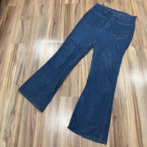 32x31 Vintage 70s Skinny Leg Flare Bell Bottom Hippie Blue Pants Denim Jeans