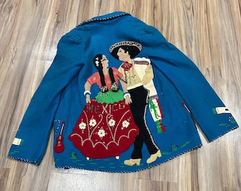 XS Vintage 50’s Mexican Souvenir Tourist Wool Hand Embroidered Jacket Blue Southwestern by Lopez