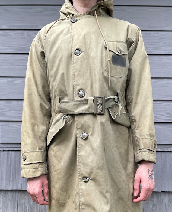 XL Vintage 50s Deck Parka Torpedo Jacket Long Overcoat Faded Green