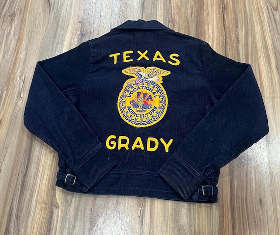 Small Vintage 70s FFA Jacket Texas Farmer's Corduroy Navy Blue Zip