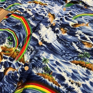 Medium Vintage 60s Rayon Hawaiian  Swordfish Marlins Rainbows Novelty Print Loop Collar Button Up Shirt Wood Buttons