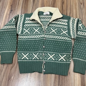 XS/S Vintage 60s Nansen Knitwear Norwegian Sweater Pullover Crewneck Button Up Wool Light Green Norway Made