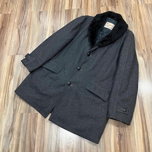 Vintage 60s Land N Lakes Faux Fur Collar Single BreastedWinter Over Coat Charcoal Black Grey Wool Jacket USA Made