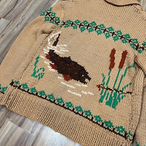 Large Vintage 50s Cowichan Hand Knit Fishing Sweater Cardigan Wool w/ Zipper Brown Canadian
