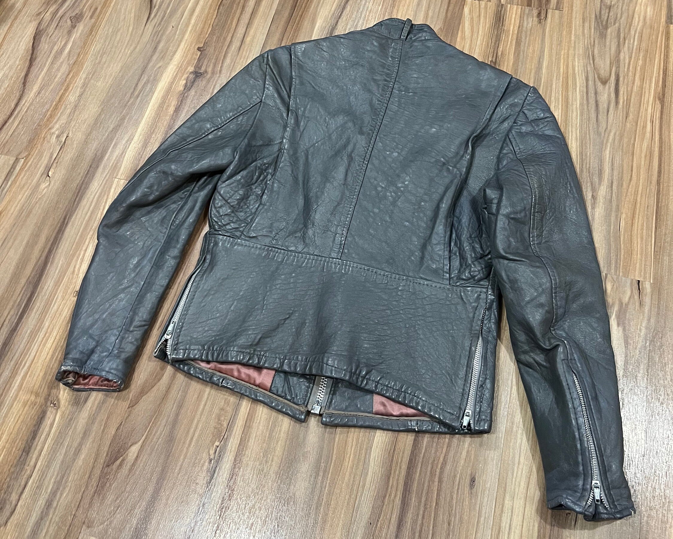 Small Vintage 60s Glen Laine Bainton Grey Leather Moto Motorcycle
