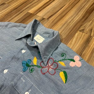 Large Vintage 70s Handmade Custom Embroidered Sewn Hippie Flowers Chambray Shirt Button Up Big Mac Penney’s Brand USA Made