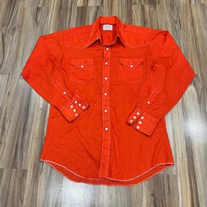 Großes Vintage 70er Jahre H Bar C Orange Rodeo Western Hemd mit Druckknopfverschluss