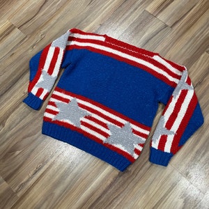 XS Vintage 70s Boat Neck Sweater Acrylic Knit Stars Stripes USA