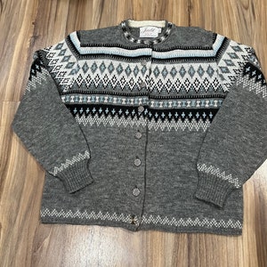 Ladies Large Vintage 50s 60s Jersild Wool Knit Sweater Cardigan Norwegian Style Button Up USA Made  Grey/ Blue