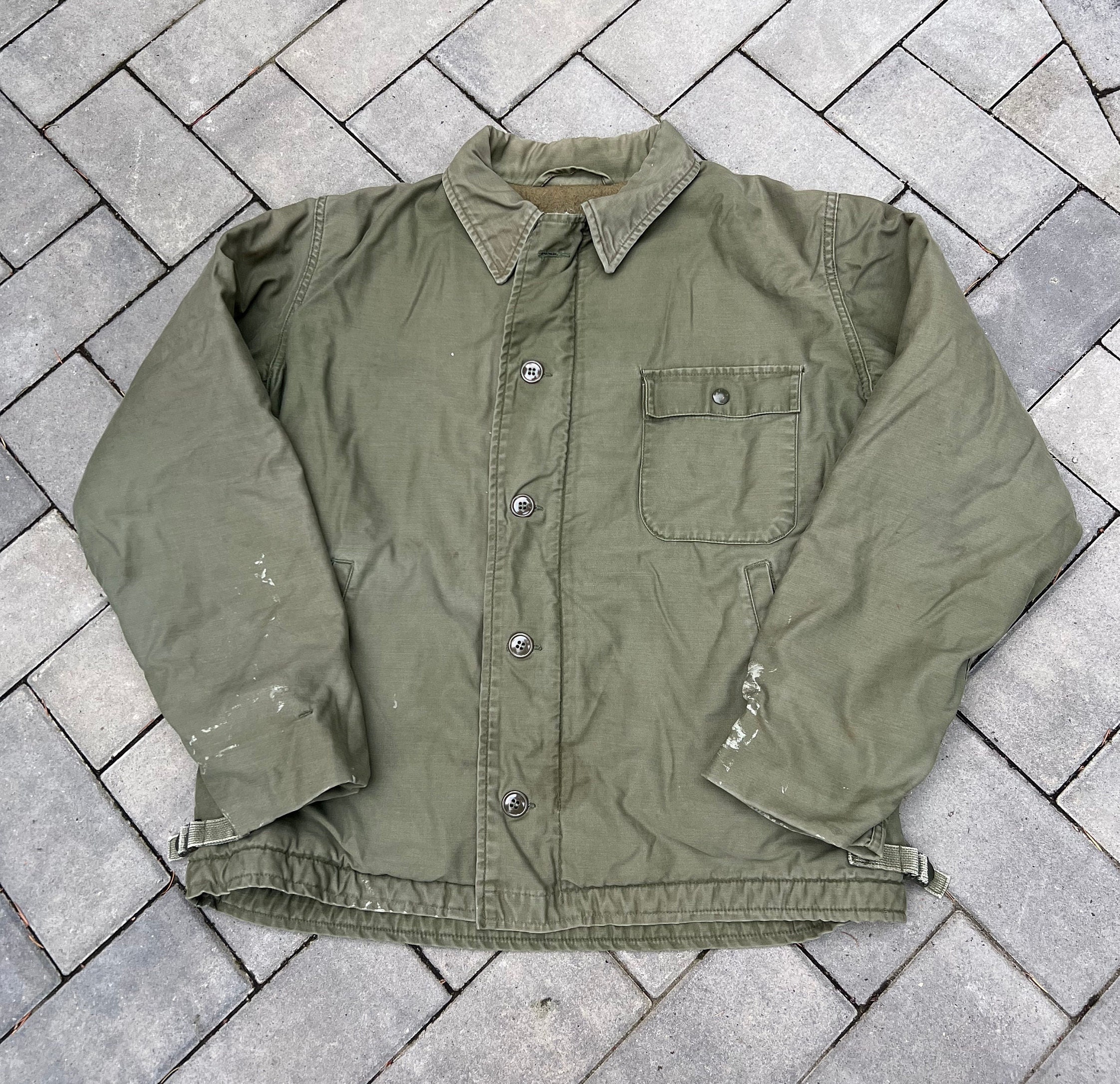 Large Vintage 80s A-2 Cold Weather Permeable Type 1 Deck Jacket US Military  OG-107 Olive Green Sz Large 42-44