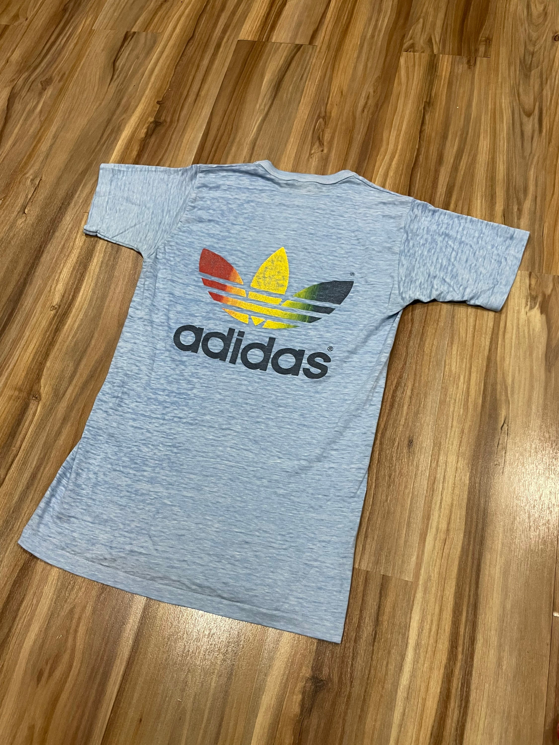 Large Vintage 70s Adidas Trefoil Rainbow Logo Tri Blend Paper Thin T Shirt  Blue USA Made