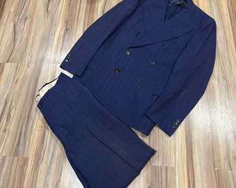 Vintage 30s Blue Button Fly Double Breasted 2- Piece Men’s Suit in Excellent Condition! Coat Jacket, Trousers Pants