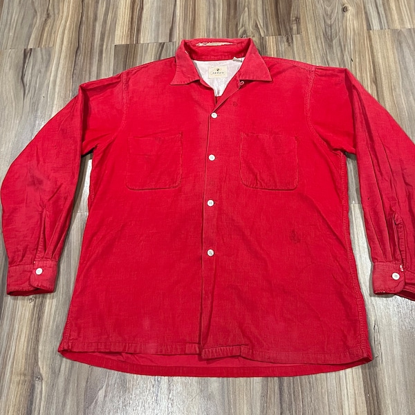 Large Vintage 50s Arrow Corduroy Loop Collar Cotton Button Up Shirt USA Made